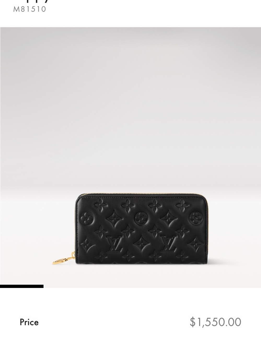 Louis Vuitton Black Coussin Zippy Wallet with Gold Hardware ✨